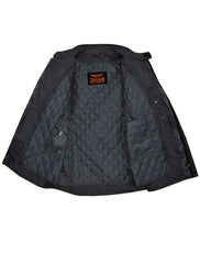 Quilted interior lining of men’s black motorcycle jacket