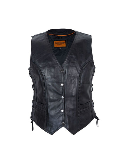 Womens Motorcycle Vest With Braid and Side Laces Conceal Gun Pockets