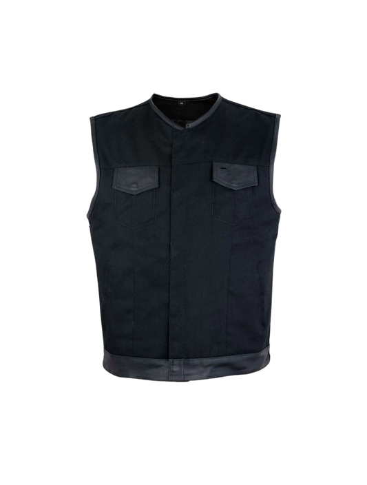 Men's Black Denim Biker Vest with Leather Trims