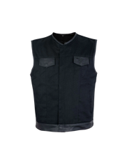 Men's Black Denim Biker Vest with Leather Trims