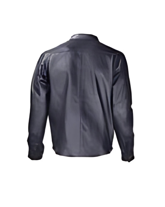 Back view of black leather motorcycle shirt made from breathable cowhide