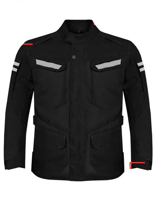 Front view of men’s black armored motorcycle jacket with reflective strips