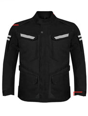 Front view of men’s black armored motorcycle jacket with reflective strips