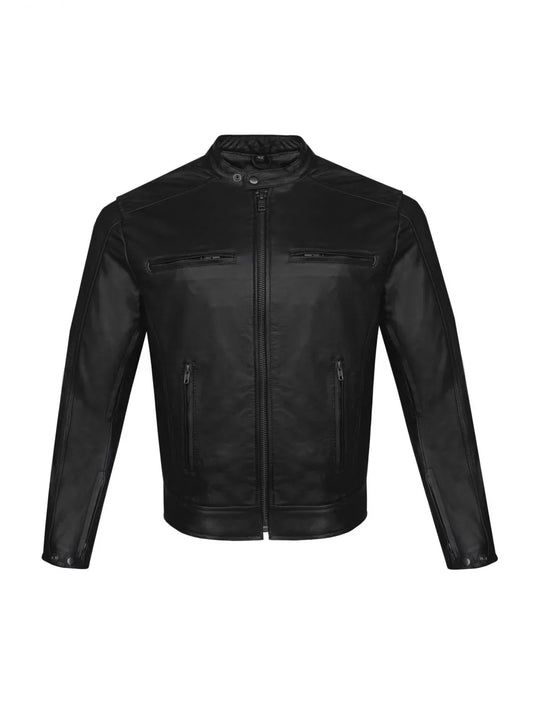 Men's black leather motorcycle jacket with CE armor – front view