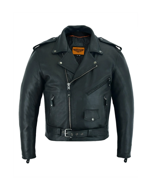 Front view of men’s classic biker leather jacket with zipper and belt