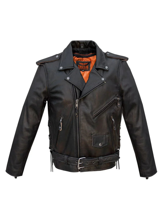 Men’s premium black leather biker jacket – front view