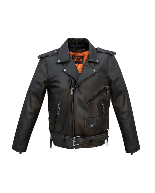 Men’s premium black leather biker jacket – front view