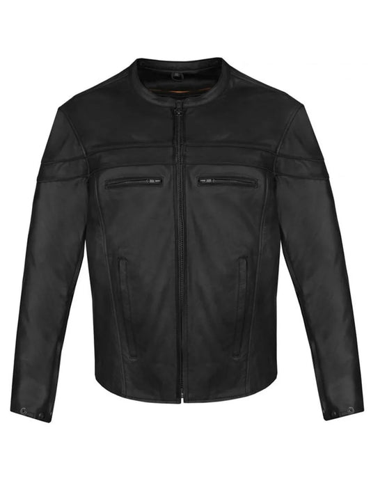 Men’s premium black leather motorcycle jacket with mandarin collar – front view
