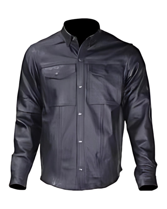 Front view of men’s lightweight black cowhide leather shirt for summer riding