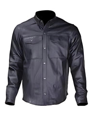 Front view of men’s lightweight black cowhide leather shirt for summer riding