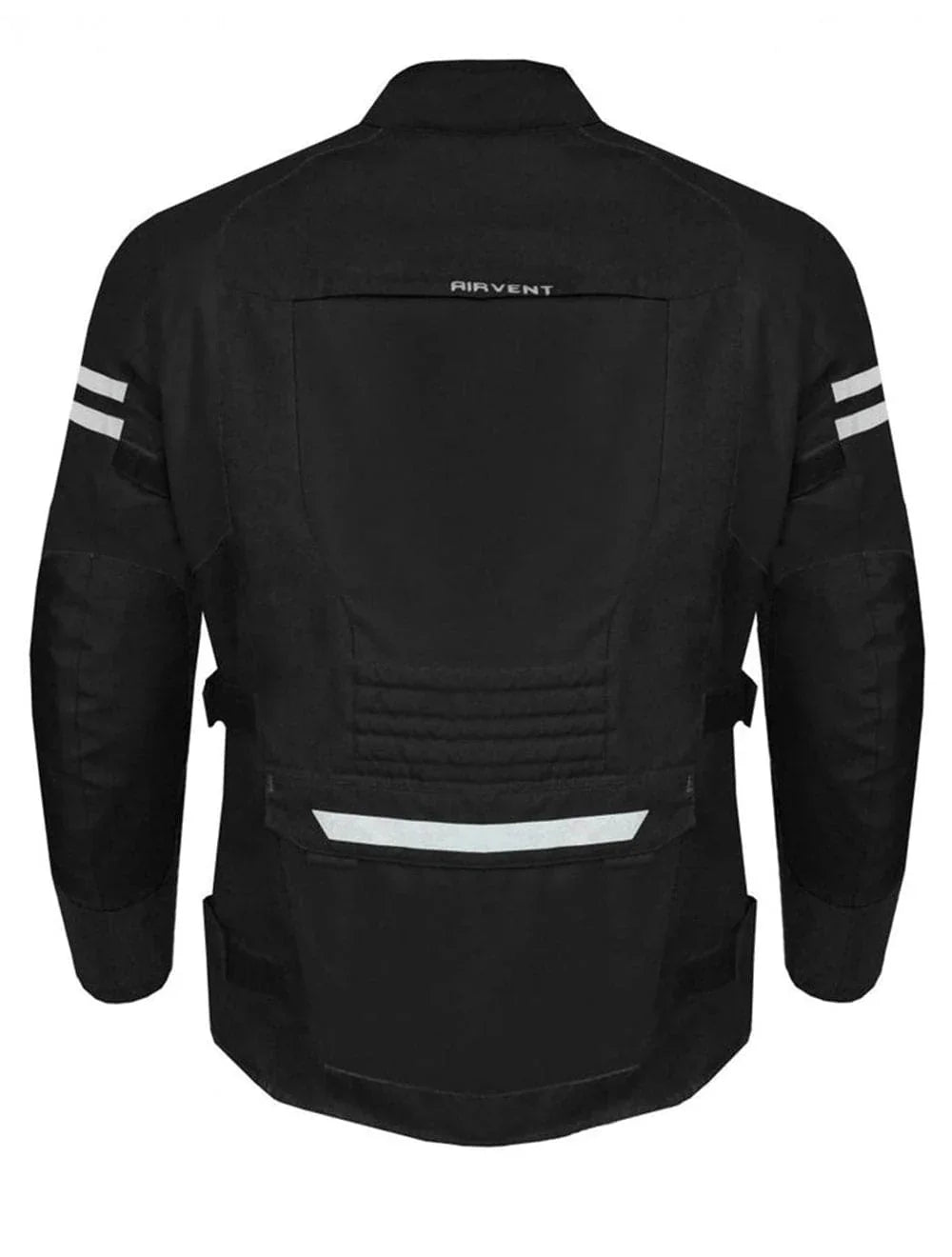 Rear view of motorcycle jacket showing back vents and reflective panels