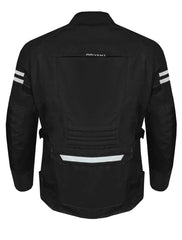 Rear view of motorcycle jacket showing back vents and reflective panels