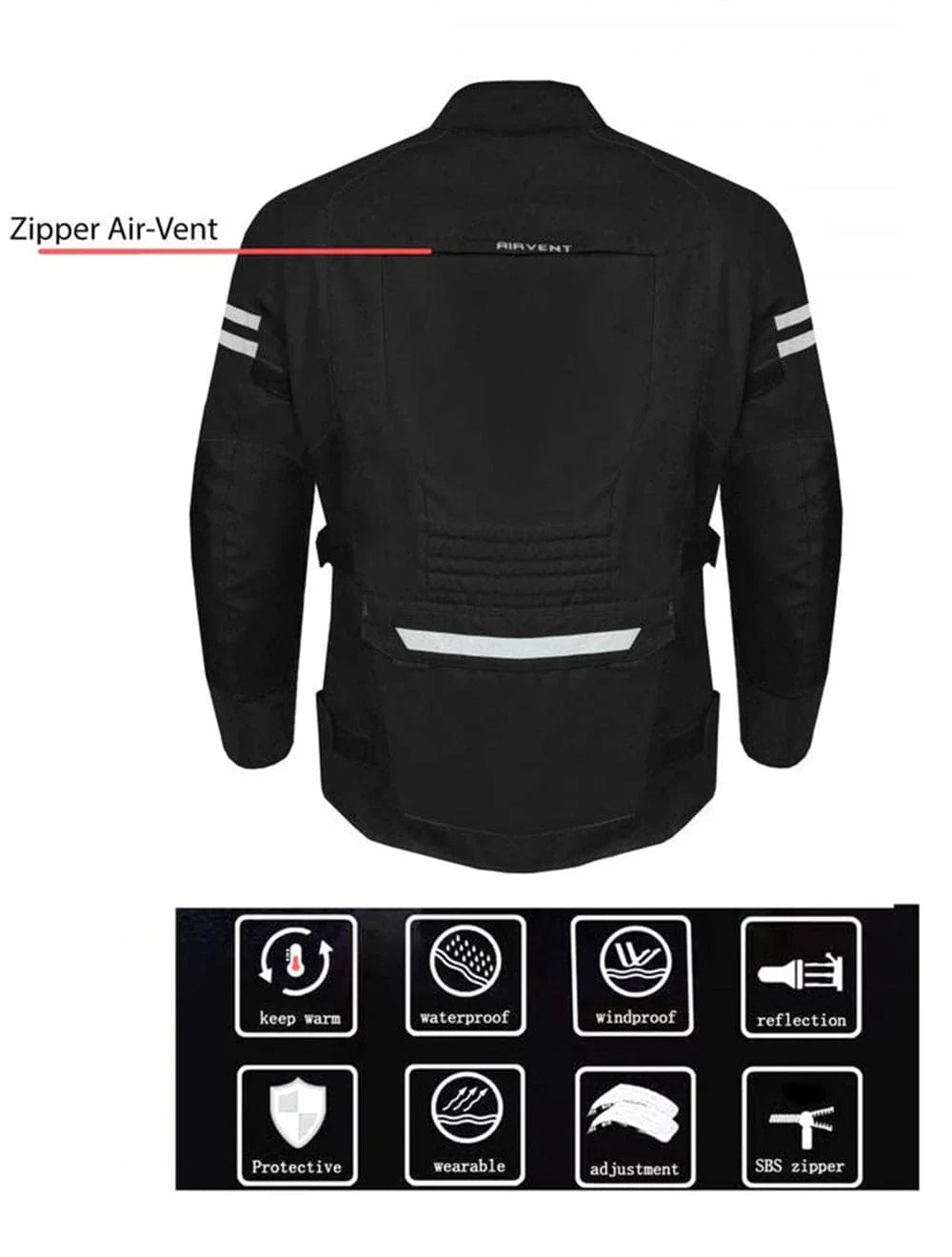 Icons showing waterproof, windproof, warm, and adjustable riding jacket features