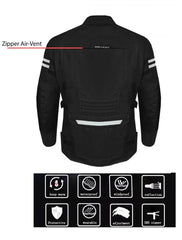 Icons showing waterproof, windproof, warm, and adjustable riding jacket features