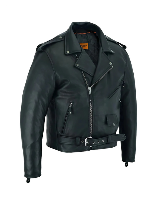 Side view of men’s motorcycle jacket made from soft premium cowhide