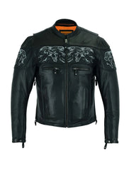 Men's Leather Jacket with Reflective Skulls & Concealed Carry